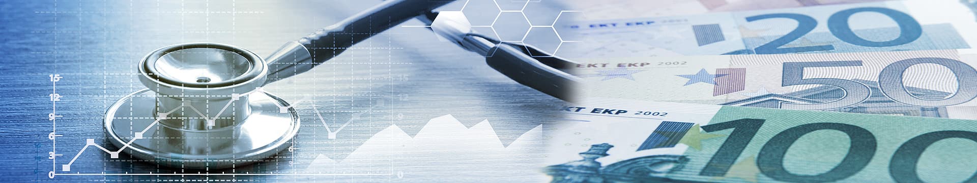 Stethoskop, Euro-Geldscheine und Diagramm – sinnbildlich für die Finanzierung österreichischer Privatkrankenanstalten